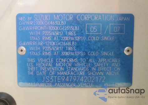 2007 Suzuki Grand Vitara Luxury z USA, uszkodzony, nr VIN JS3TE947974202172